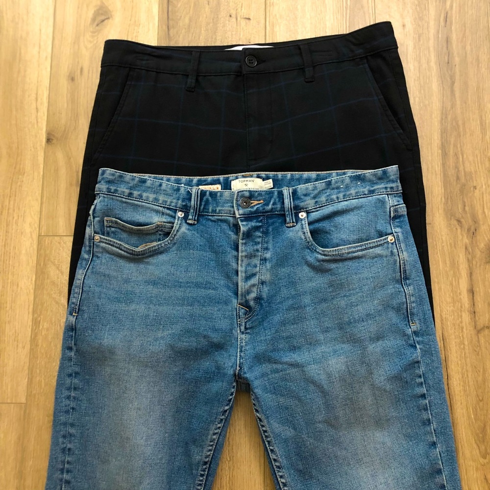Three pairs of Topman pants. All are 34” waist